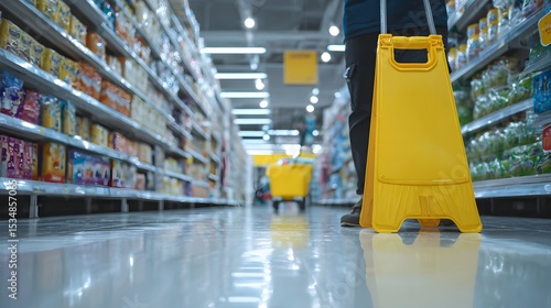 Person walking down a supermarket aisle with clean shelves and bright lighting creating a welcoming shopping atmosphere