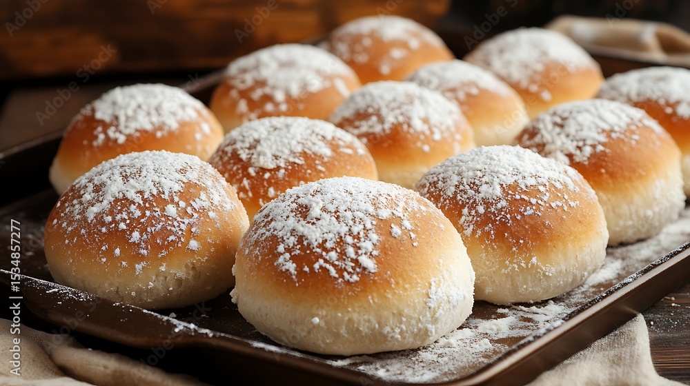 Fresh Buns with Powdered Sugar on Baking Sheet Ready to Serve Fresh Buns with Powdered Sugar on Baking Sheet Ready to Serve