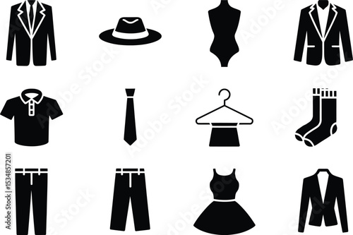 Black and white fashion icon collection illustrating various clothing items and accessories