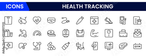 Sleek vector web line icons depicting health tracking, fitness apps, wearables, wellness metrics, and digital health monitoring solutions.