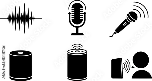 Audio equipment icons microphone speaker sound wave voice assistant vector illustration set design editable stock vector illustration