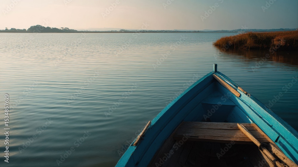 Fototapeta Calm Estuary Scene with Eco-Friendly Fishing Boat at Dawn