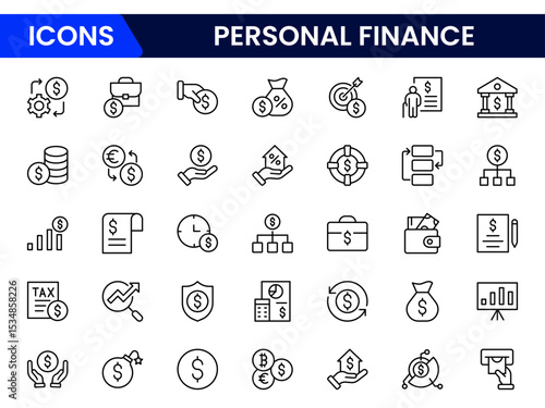 Clear vector web line icons depicting personal finance, budgeting, savings, investments, and financial planning for secure wealth management.