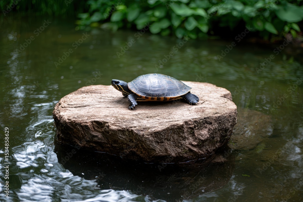 Fototapeta premium Turtle basking on a rock in a serene pond.