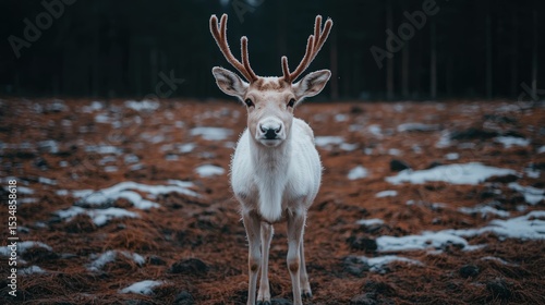Majestic reindeer stands alert in a snowy winter landscape.