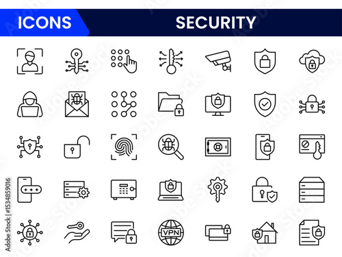 Robust vector web line icons depicting security, protection, cybersecurity, locks, encryption, and safe digital environments for user trust.