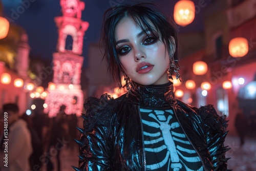 Ethereal woman in gothic attire at a festival.