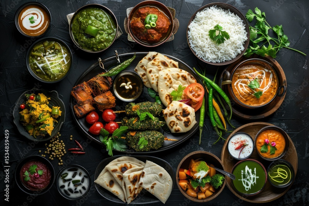 Vibrant Picture of Top View of Indian Food on Black Background Vibrant Picture of Top View of Indian Food on Black Background