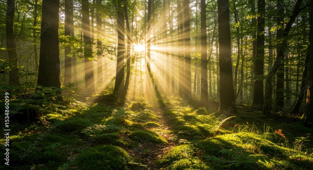 Fototapeta premium Sunbeams pierce a misty forest, illuminating a mossy path. Golden light filters through dense trees, creating a magical atmosphere