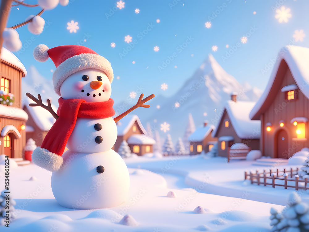 Fototapeta premium Winter snowman 3D Christmas New Year heavy snow solar term scene illustration