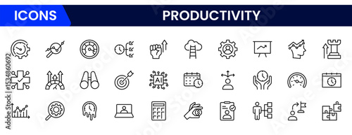 Streamlined vector web line icons depicting productivity tools, time management, tasks, efficiency, and goal-oriented workflows for optimal performance.