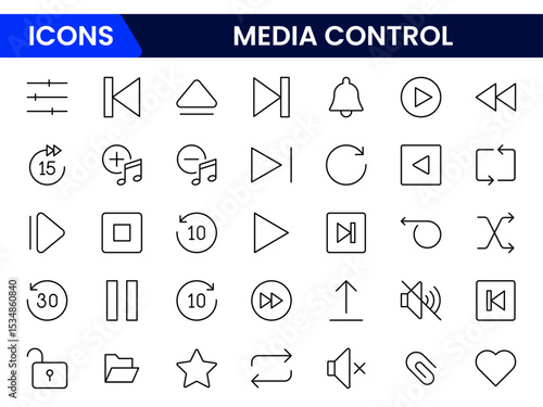 Sleek vector web line icons depicting media control, playback, streaming, volume, and an intuitive digital interface for seamless user interaction.