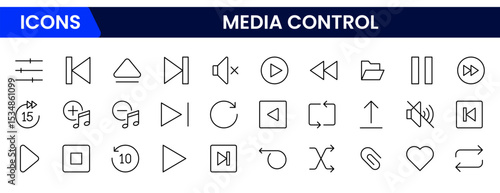 Sleek vector web line icons depicting media control, playback, streaming, volume, and an intuitive digital interface for seamless user interaction.