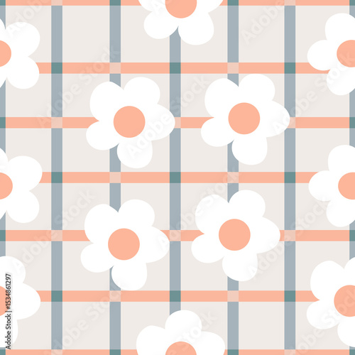 Seamless floral pattern with white daisy flowers on pastel plaid background. Ideal for fabric, wrapping paper, kids’ products, and home decor.
