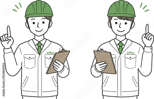 Two cartoon engineers pointing up, safety helmet workers holding clipboard, construction supervision, inspection checklist, project management, flat vector illustration