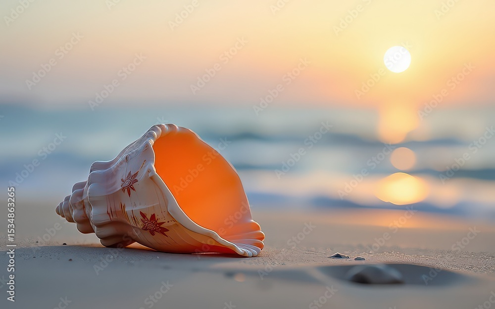 Seashell on the beach during sunset with gentle waves in the background. Seashell on the beach during sunset with gentle waves in the background.