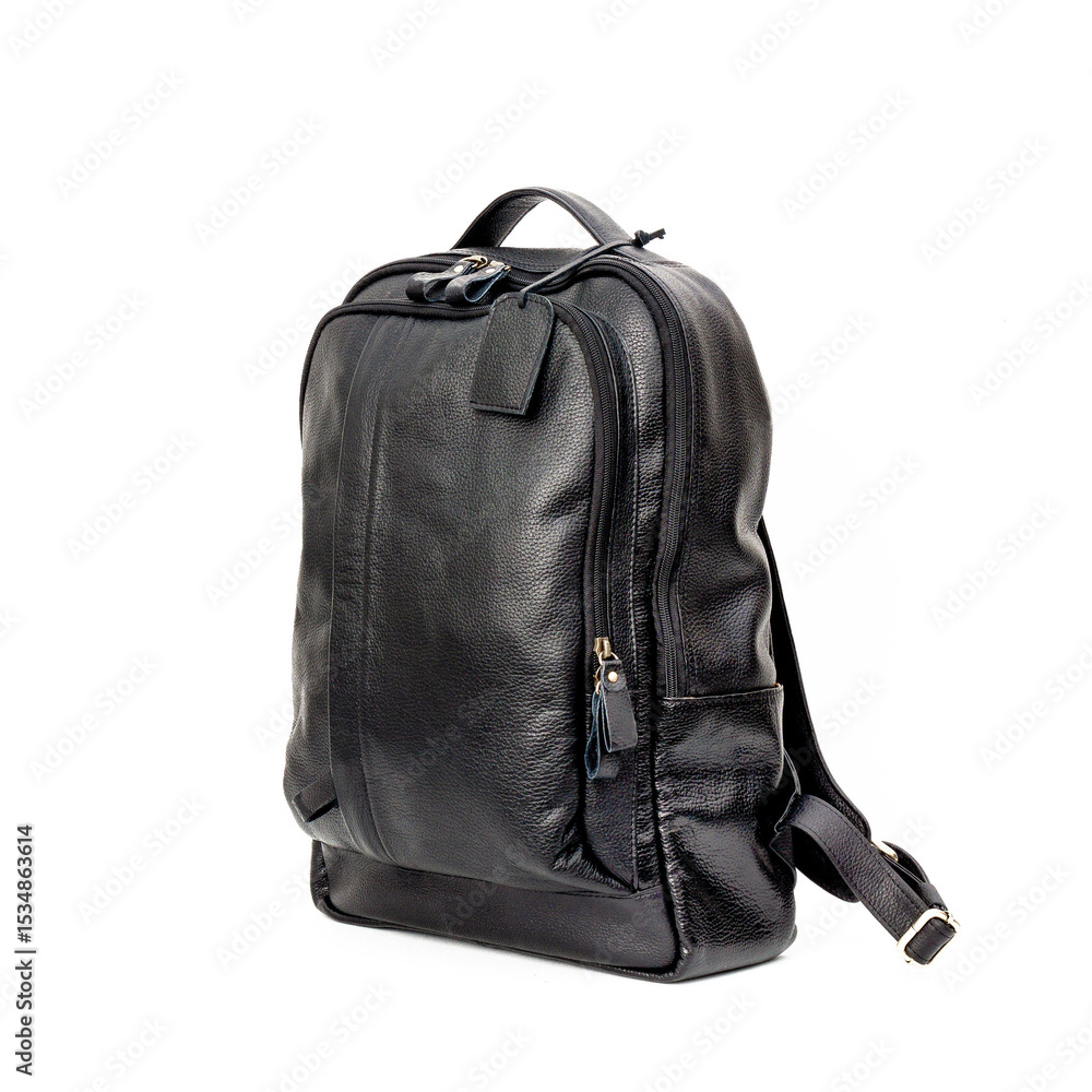 Fototapeta premium Black leather backpack isolated on white background, perfect for leather product catalog design