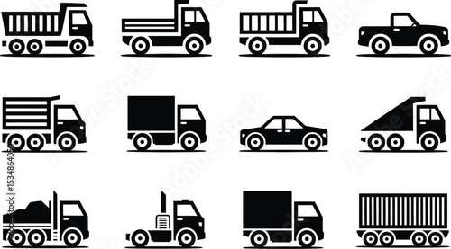 Collection of black and white transportation vehicle icons featuring trucks and cars