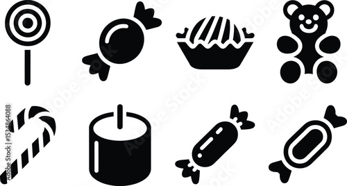 Collection of various sweet treats in solid black color with candy bear lollipop marshmallow candy cane