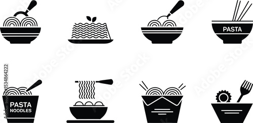 Minimalist black and white pasta dishes and noodles food related icons illustration
