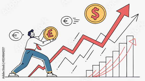 Man holding pound coin with euro dollar coins and upward trending graph representing financial growth