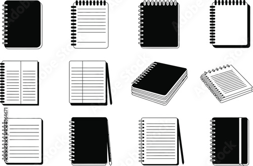 Collection of various black and white line art illustrations of spiral notebooks