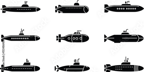 Collection of black and white silhouettes of submarines for design and decorative purposes