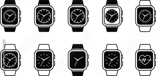 Collection of smartwatch illustrations depicting different features and digital display graphics