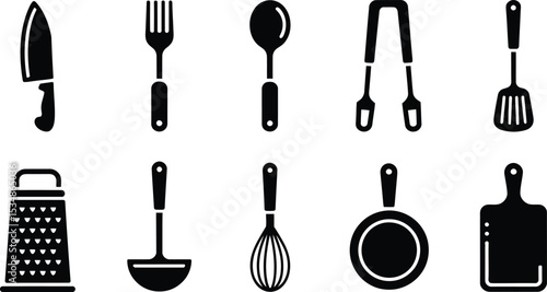 Black and white vector illustration of kitchen utensils and cooking tools for culinary purposes