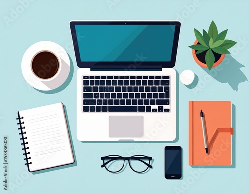 Flat Lay Workspace With Laptop Coffee Cup And Accessories