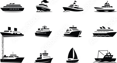 Collection of black and white silhouetted boats ships vessels for nautical and travel designs