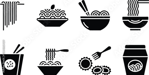 Collection of simple and stylish black and white icons depicting various noodles and pasta dishes