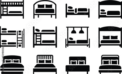 Vector icons of various beds including bunk beds and double beds in black and white