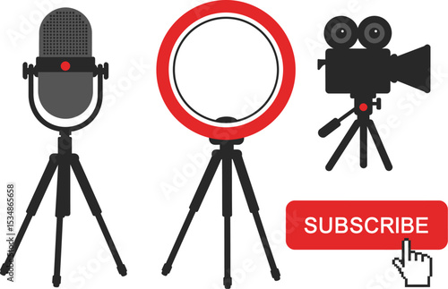 Vlogging equipment setup illustration with microphone camera ring light and subscribe button icon editable stock vector illustration