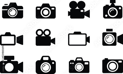 Collection of simple black and white camera and camcorder icon illustrations