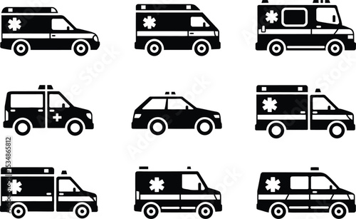 Collection of black and white ambulance vehicle icons for medical and emergency services