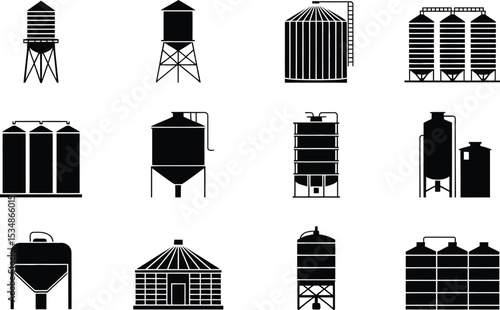 Collection of silhouettes of various storage tanks and industrial silos for agriculture and industry