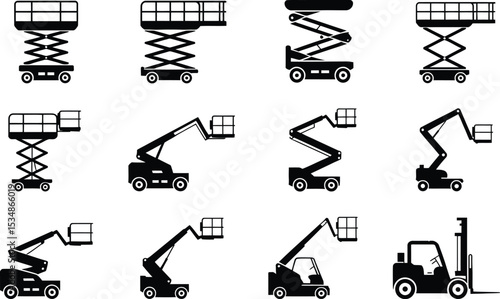 Black and white silhouettes of construction lift equipment for commercial and industrial applications