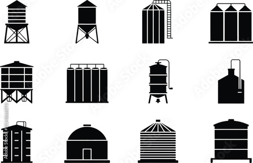 Collection of minimalist black and white silo icons for industrial and agricultural designs