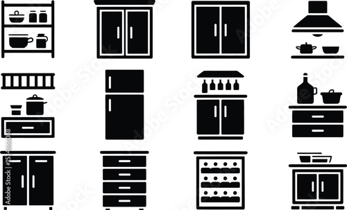 Black and white kitchen icons including cabinets refrigerator and kitchen accessories
