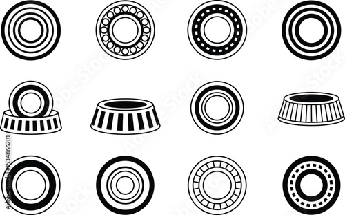 Various stylized black and white illustrations of different ball bearings and components