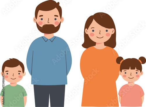 Happy cartoon family illustration, smiling parents with two children, cute kids with father mother, flat design, isolated on white background

 flat vector illustration