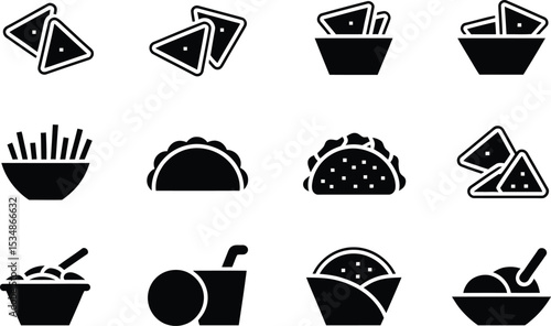 A collection of appetizing fast food icon silhouettes with simple black and white design