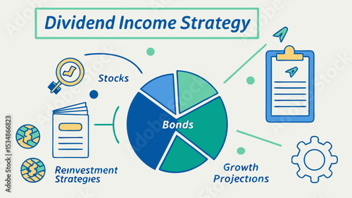 Dividend income strategy illustration with pie chart showing bonds stocks growth projections and reinvestment strategies