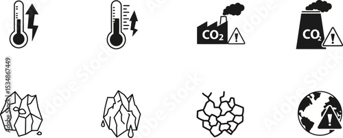 Climate change icon set global warming temperature rise co2 emissions melting ice cracked earth danger 100 editable stock vector illustration