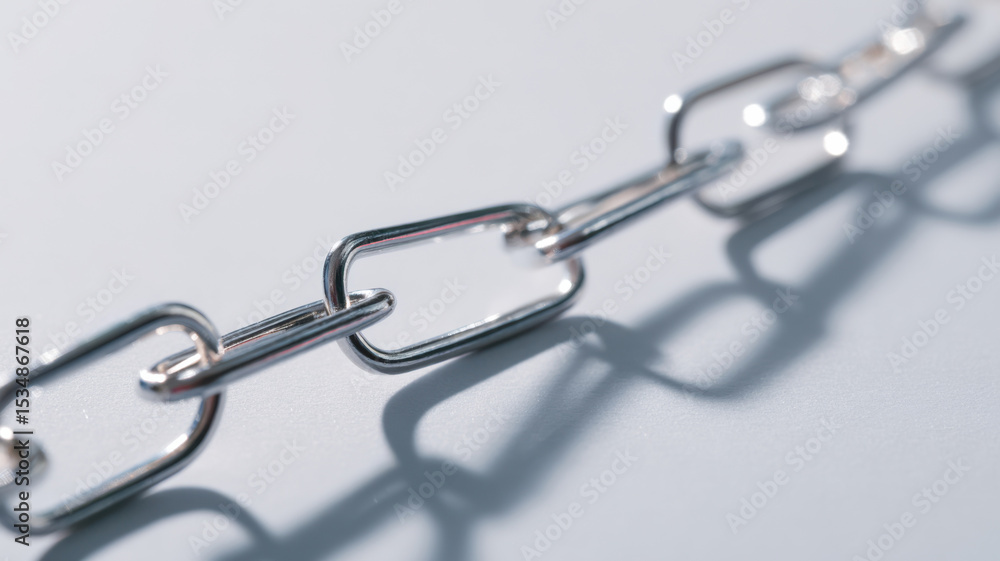 Obraz premium Close-up of a metallic chain against a simple background, highlighting its links and texture. The chain casts a subtle shadow, adding depth and emphasizing the metallic shine. 