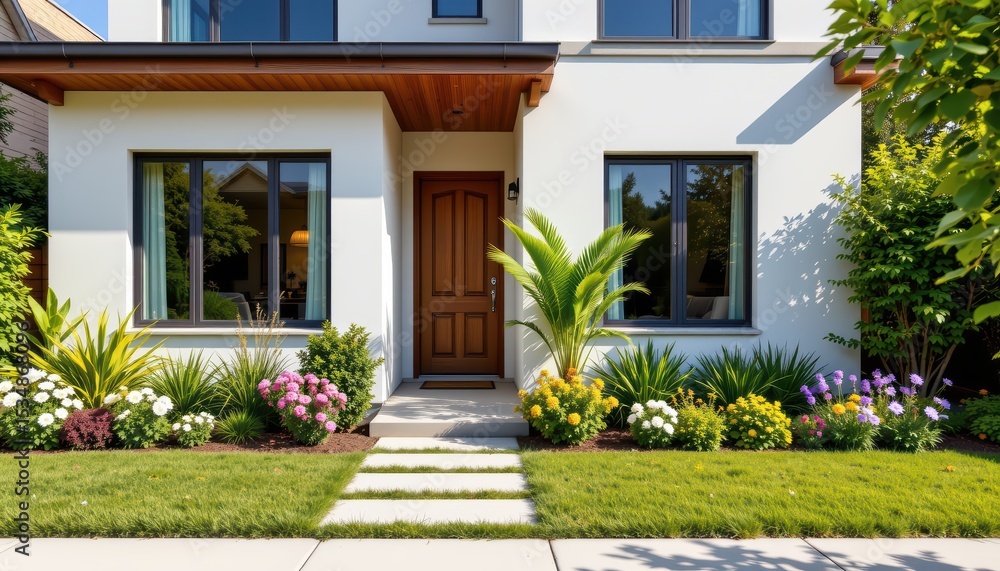 Obraz premium Modern house entrance with landscaped garden and pathway.
