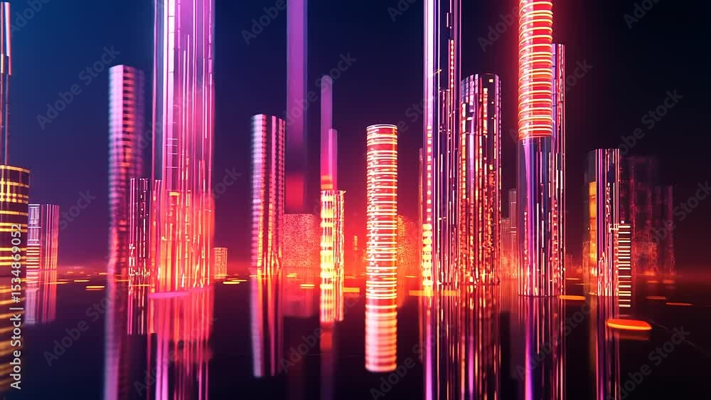 Futuristic cityscape with vibrant neon skyscrapers reflecting on a calm surface at night Futuristic cityscape with vibrant neon skyscrapers reflecting on a calm surface at night