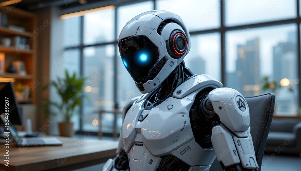 Fototapeta premium Innovative robotic assistant in a modern office urban setting digital image futuristic environment close-up perspective technology advancements