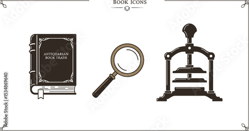 Antiquarian book trade icons vector graphic illustration old books magnifying glass press design 100 editable stock vector illustration